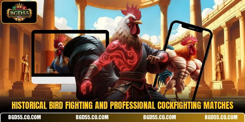 Historical bird fighting and professional cockfighting matches
